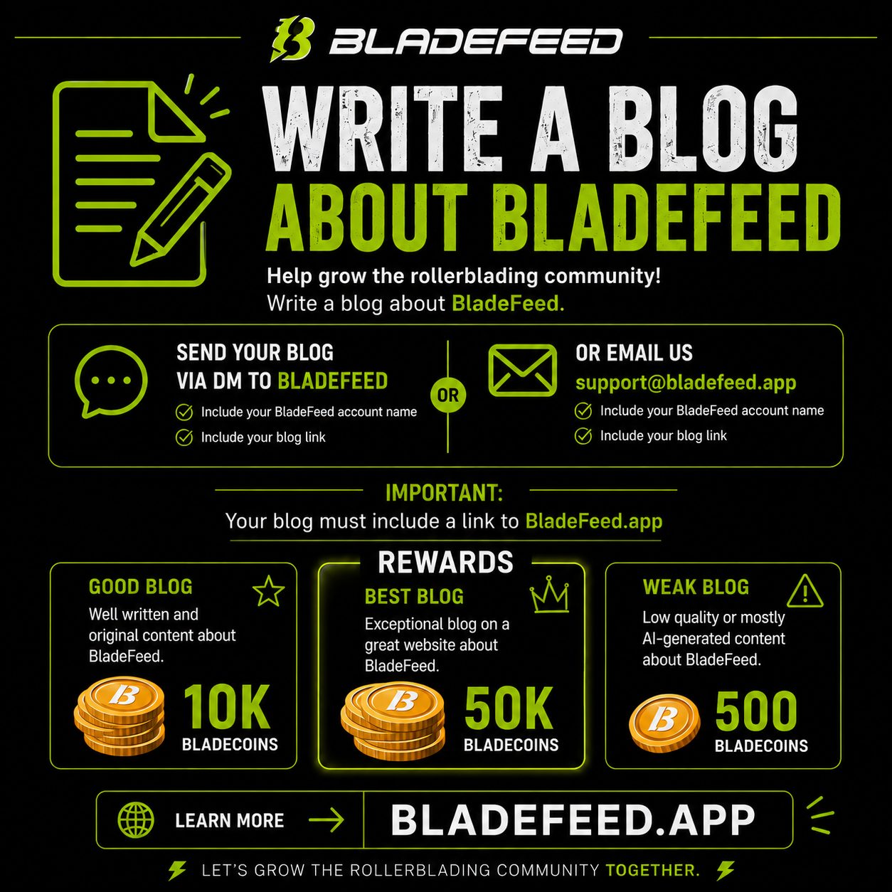 📝 Write a blog about BladeFeed and earn BladeCoins!

Help grow the rollerblading community by creating an original blog that includes BladeFeed and a link to BladeFeed.app.

⭐ Good blog: 10,000 BladeCoins
👑 Exceptional blog on a quality website: 50,000 BladeCoins
🤖 Weak or mostly AI-generated blog: 500 BladeCoins

Send your blog link + BladeFeed account name via DM to BladeFeed or email support@bladefeed.app.

🛼 Let’s grow BladeFeed together!