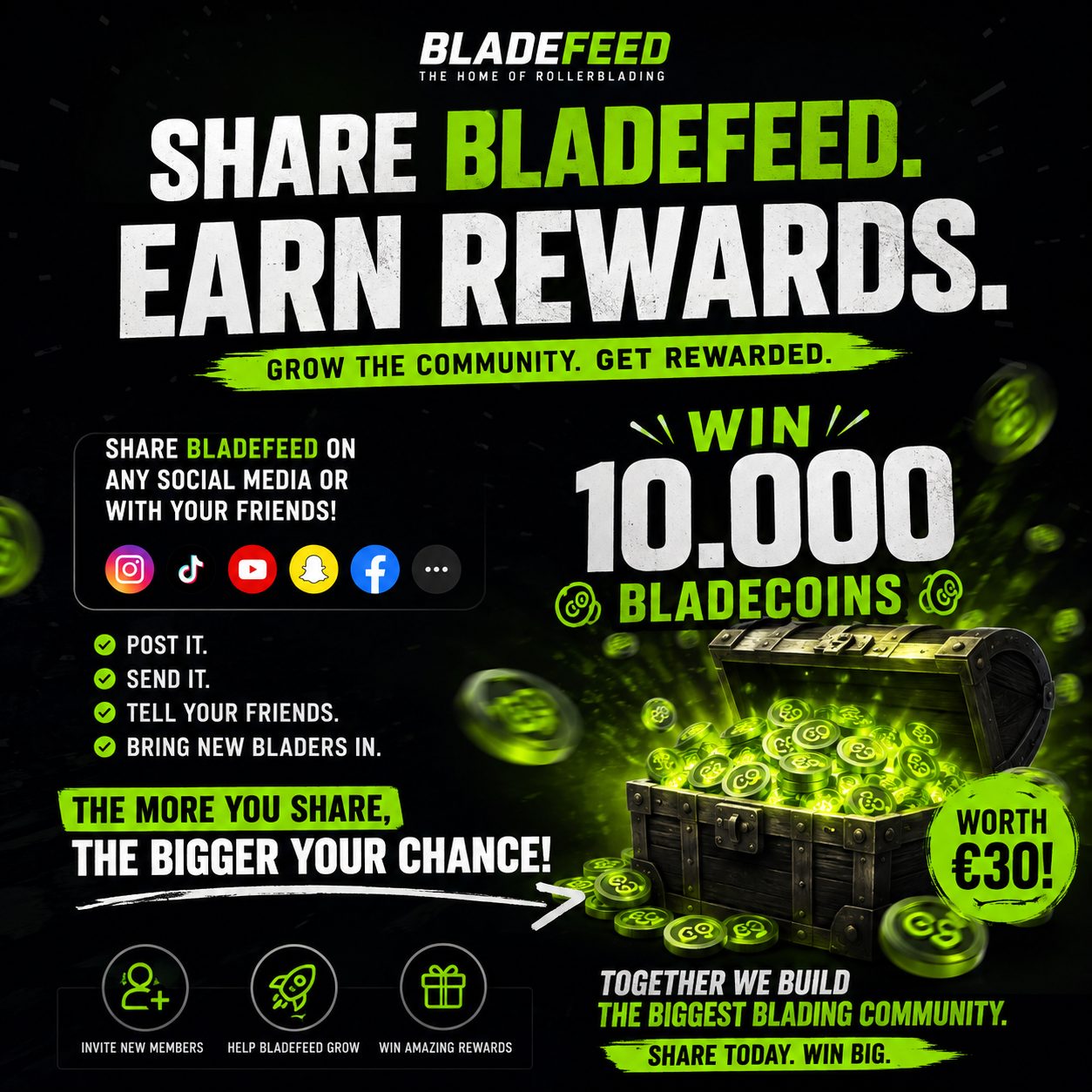 🎉 10,000 BladeCoins Giveaway! 🎉

Help BladeFeed grow and you could win 10,000 BladeCoins (worth €30)! 💚

Here's how to enter: ✅ Share BladeFeed on any social media platform. ✅ Or invite your friends personally. ✅ The more people you bring to BladeFeed, the better your chance of winning!

Every new blader makes our community stronger. Let's build the biggest rollerblading platform together. 🛼🔥

Good luck! 💚